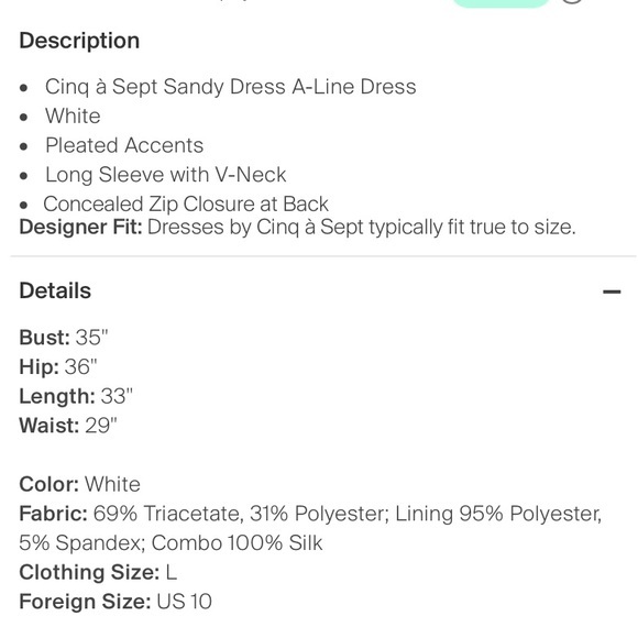 White Long Sleeve Silk Dress Size 10 - Picture 8 of 9